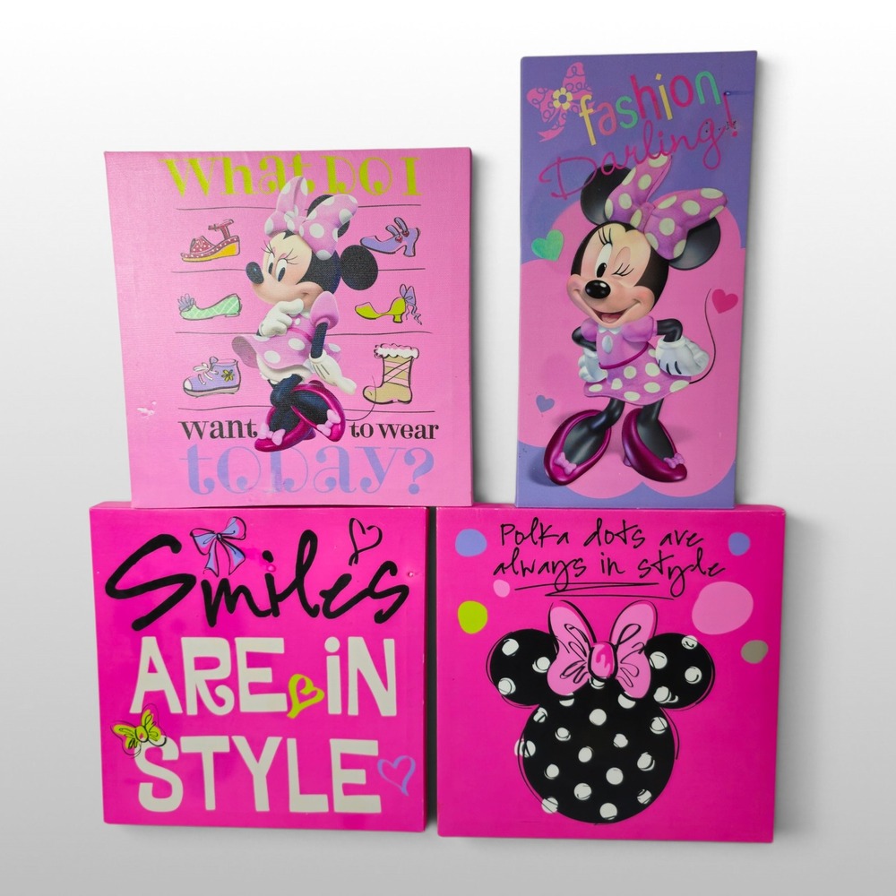 Disney Minnie Mouse Canvas Wall Art Set 4pc Pink Purple Good Fashion Polka Dot